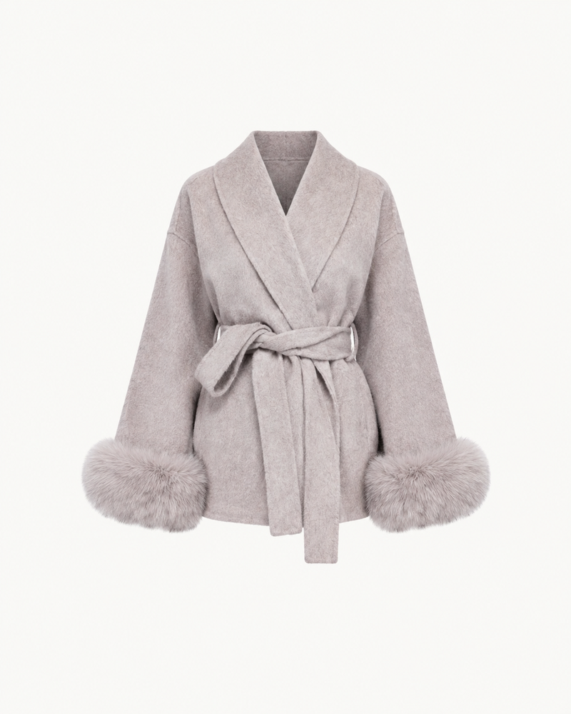 Manteau Kimono Poignets Fourrure — Beige