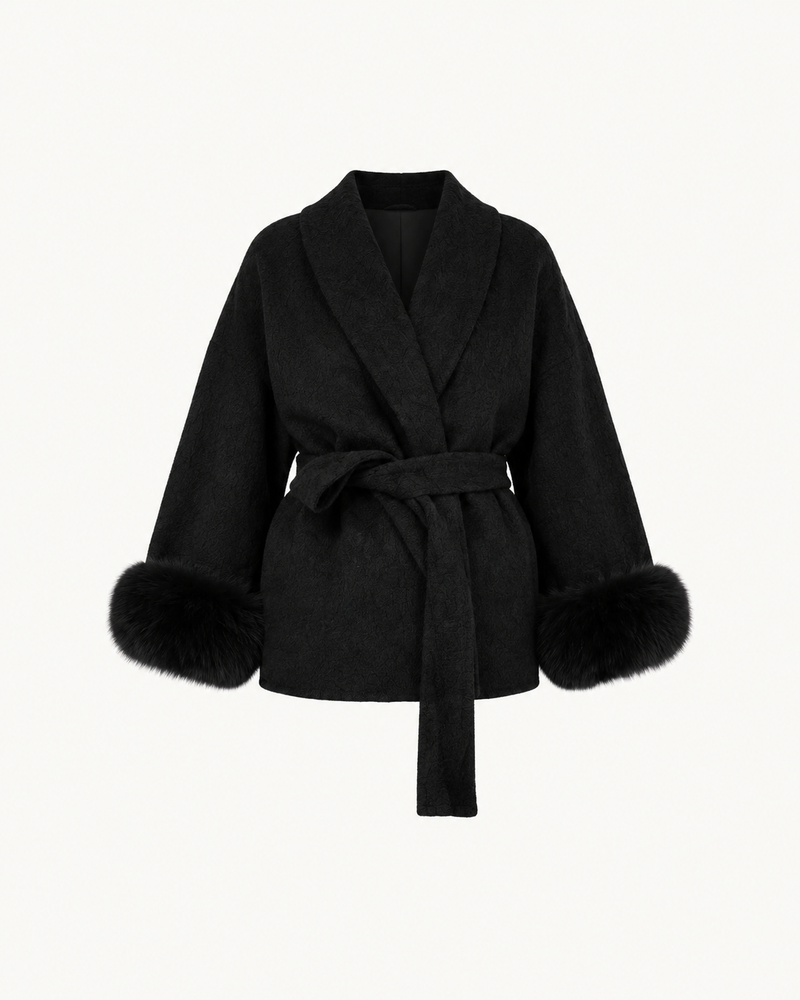 Manteau Kimono Poignets Fourrure — Noir