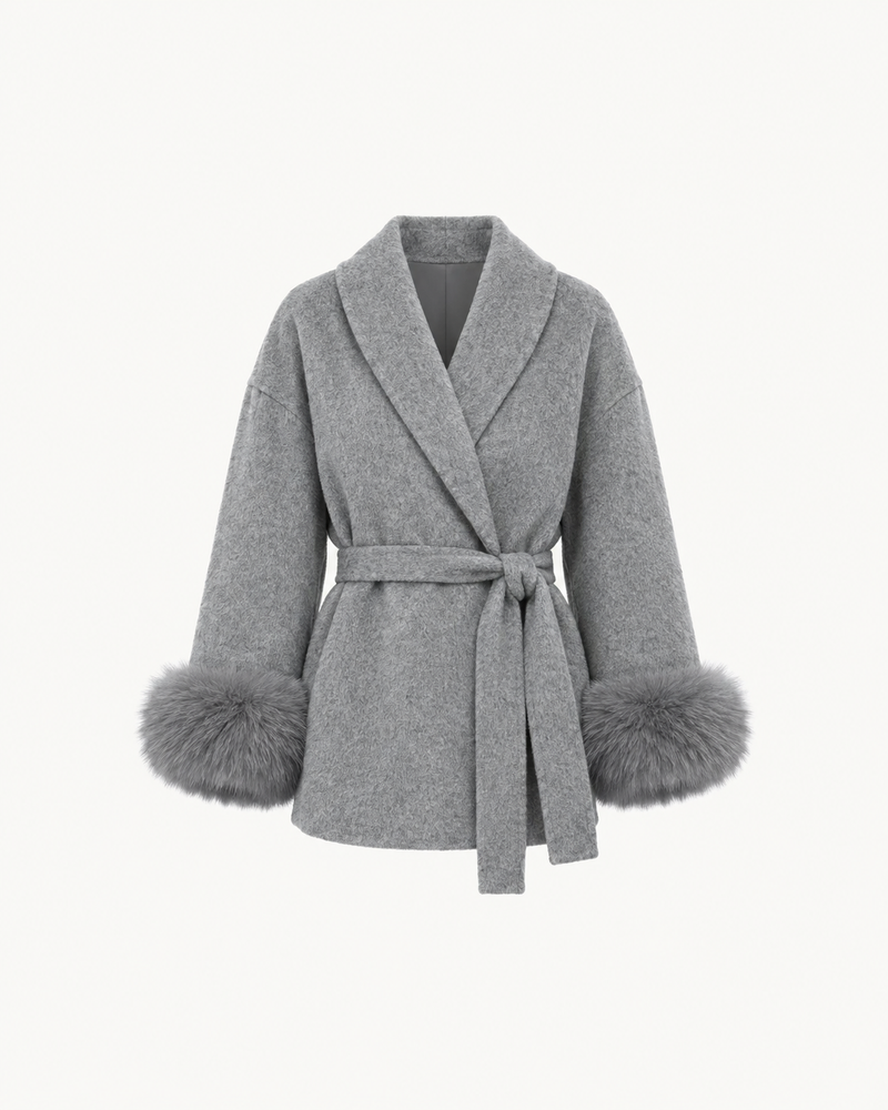 Manteau Kimono Poignets Fourrure — Gris