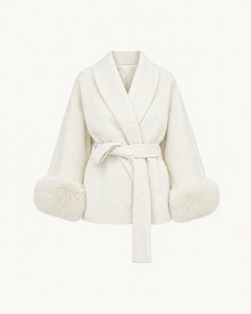 Manteau Kimono Poignets Fourrure — Blanc