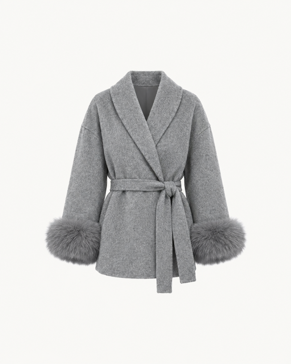 Manteau Kimono Poignets Fourrure — Gris